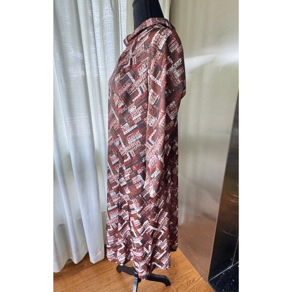 Vintage 70s dress, Mod brown orange and white abstract print, keyhole neckline - Picture 3 of 10